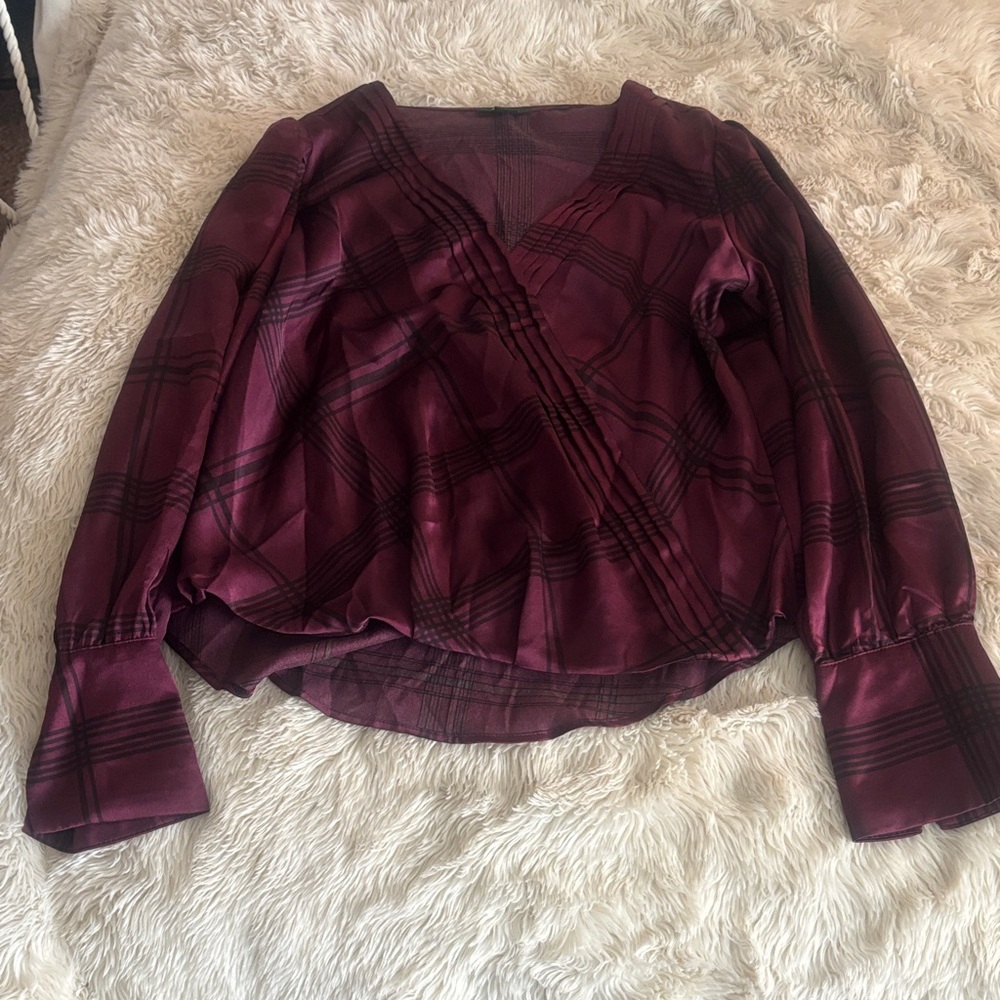 Halogen Pintuck Pleated Plaid Wrap Front Blouse